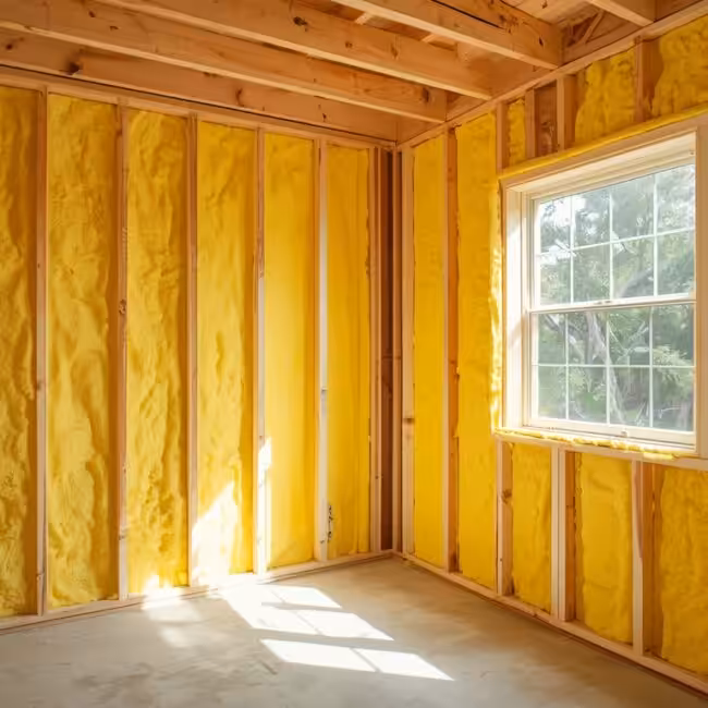 lucid origin Wide angle interior shot of a freshly framed wood stud wall cavity fully coated 0