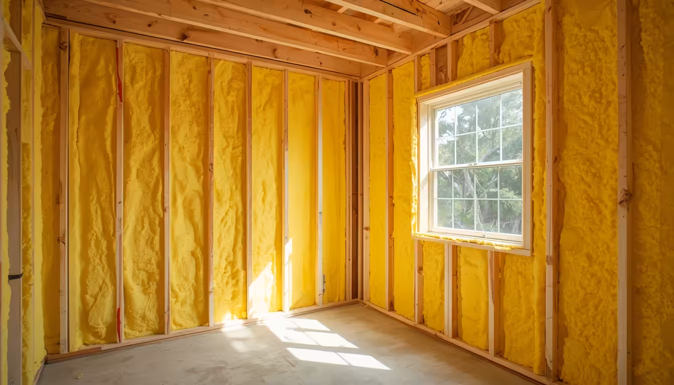 lucid origin Wide angle interior shot of a freshly framed wood stud wall cavity fully coated 0